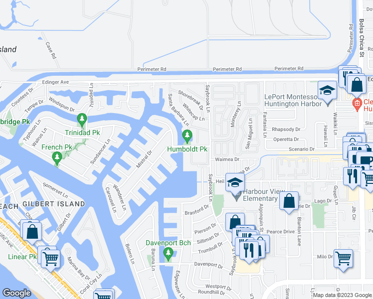 map of restaurants, bars, coffee shops, grocery stores, and more near 16355 Wimbledon Lane in Huntington Beach