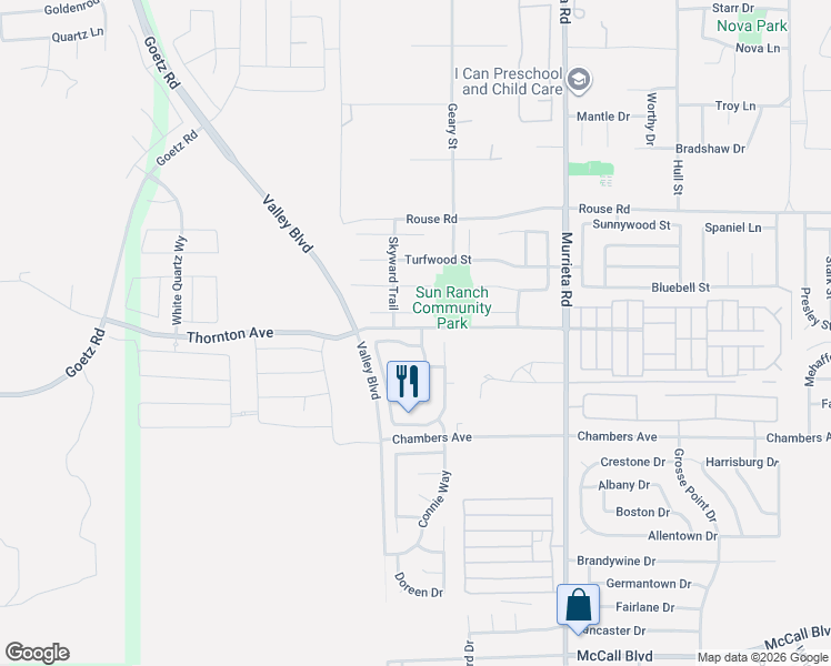 map of restaurants, bars, coffee shops, grocery stores, and more near 27253 Family Circle in Menifee