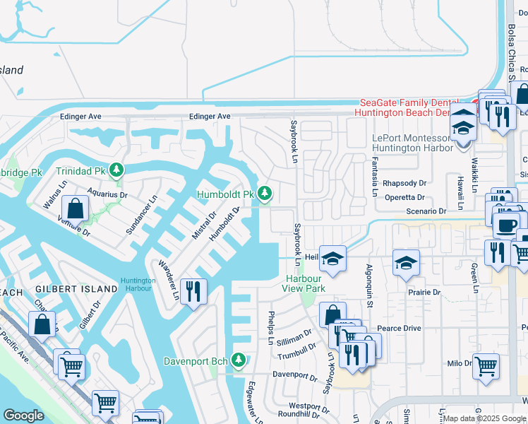 map of restaurants, bars, coffee shops, grocery stores, and more near 16355 Wimbledon Lane in Huntington Beach