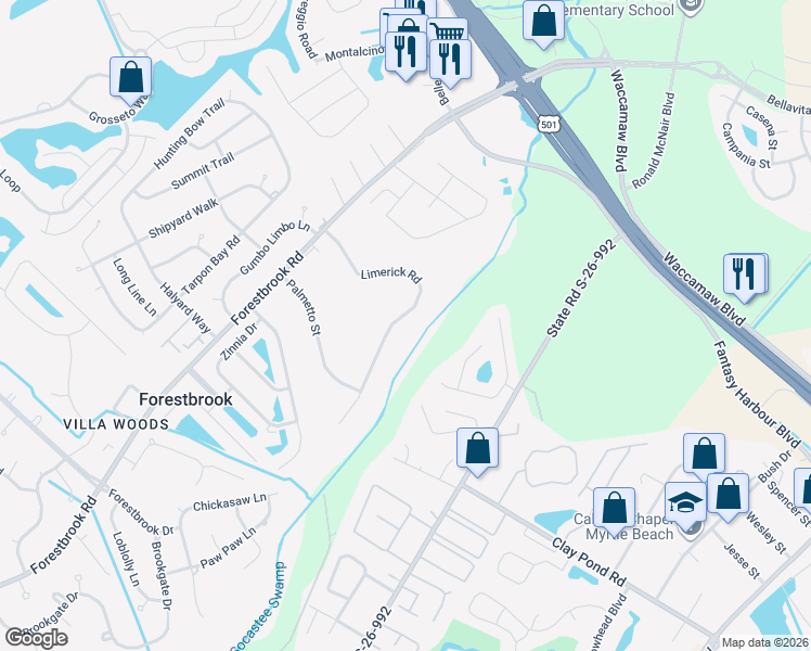 map of restaurants, bars, coffee shops, grocery stores, and more near 3740 Limerick Road in Myrtle Beach