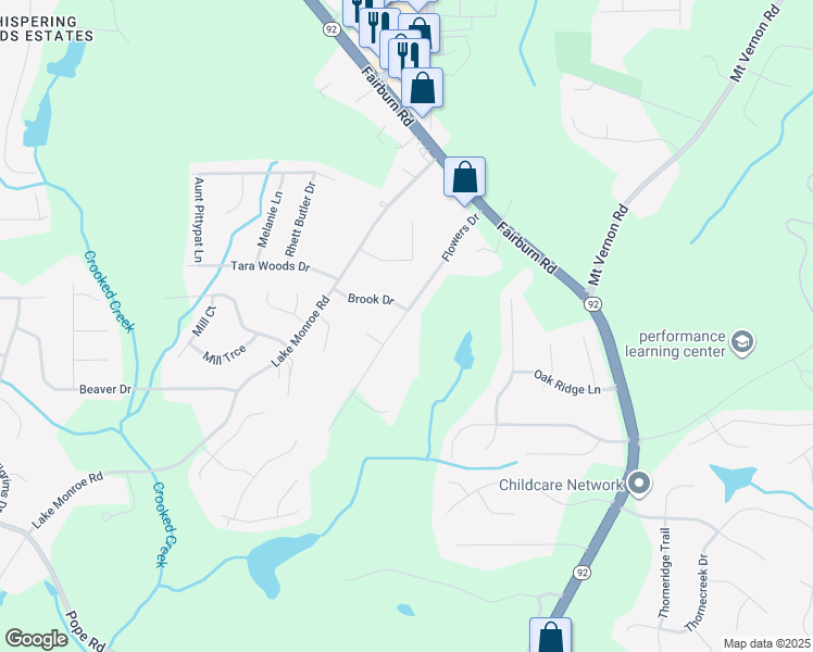 map of restaurants, bars, coffee shops, grocery stores, and more near 2976 Flowers Drive in Douglasville