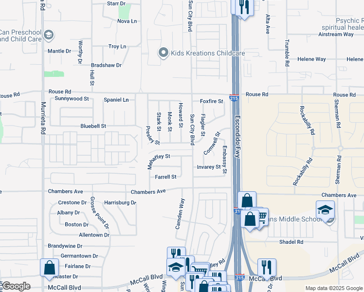 map of restaurants, bars, coffee shops, grocery stores, and more near 26738 Mehaffey Street in Menifee