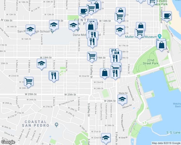 map of restaurants, bars, coffee shops, grocery stores, and more near 726 West 22nd Street in Los Angeles