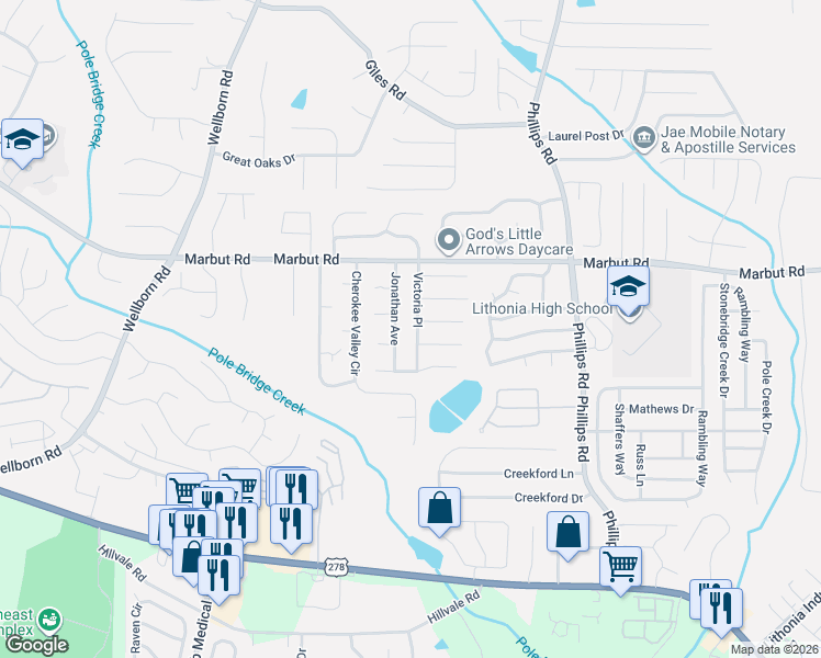 map of restaurants, bars, coffee shops, grocery stores, and more near 2187 Victoria Place in Lithonia
