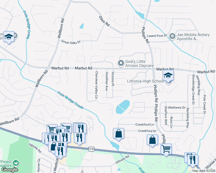 map of restaurants, bars, coffee shops, grocery stores, and more near 2185 Jonathan Avenue in Lithonia