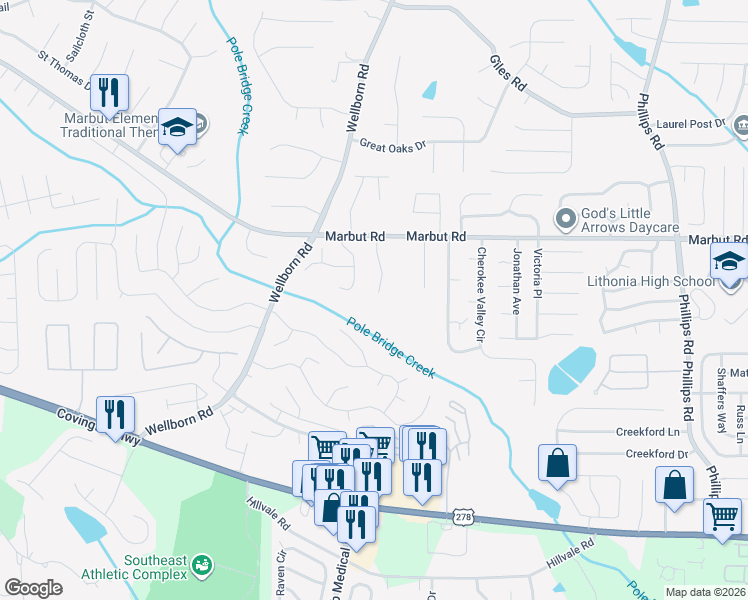 map of restaurants, bars, coffee shops, grocery stores, and more near 2174 Tiffany Trail in Lithonia