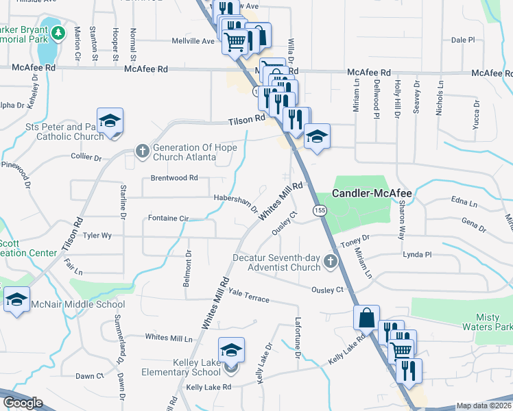map of restaurants, bars, coffee shops, grocery stores, and more near 2127 Whites Mill Road in Decatur