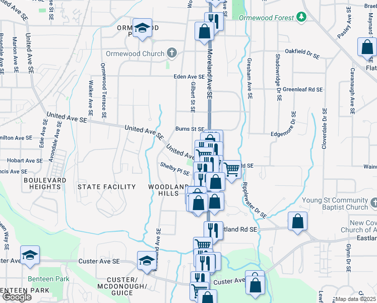 map of restaurants, bars, coffee shops, grocery stores, and more near 1116 United Avenue Southeast in Atlanta