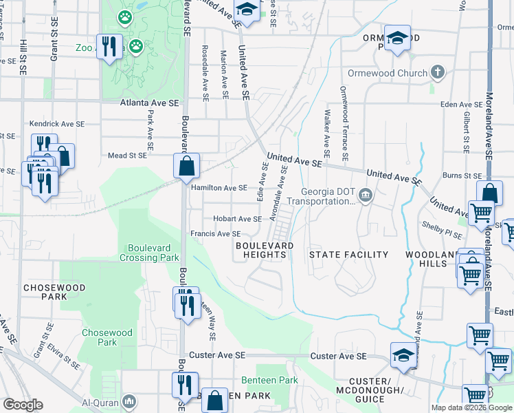 map of restaurants, bars, coffee shops, grocery stores, and more near 1093 Edie Avenue Southeast in Atlanta