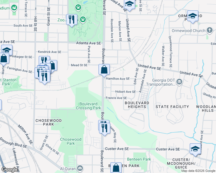 map of restaurants, bars, coffee shops, grocery stores, and more near 1107 Benteen Avenue Southeast in Atlanta