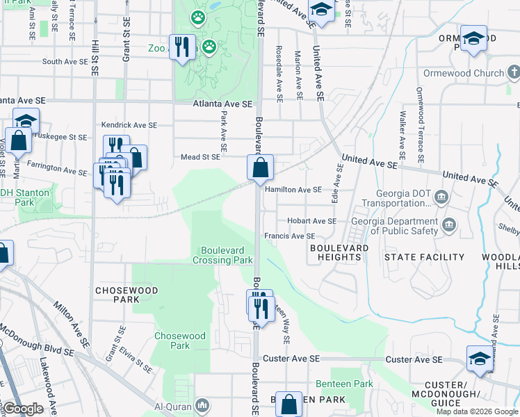 map of restaurants, bars, coffee shops, grocery stores, and more near 557 Schuyler Street Southeast in Atlanta