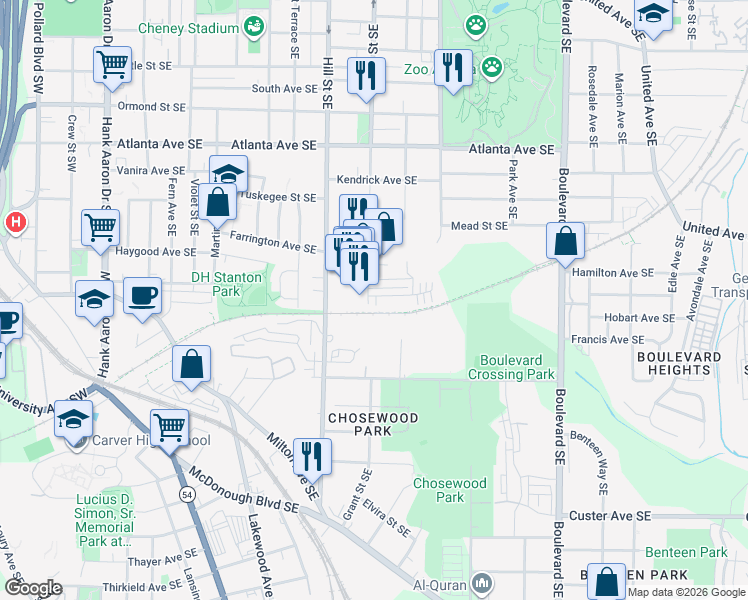 map of restaurants, bars, coffee shops, grocery stores, and more near 375 Pratt Drive in Atlanta