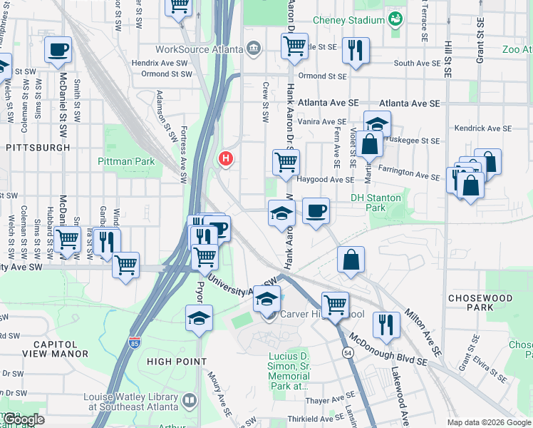 map of restaurants, bars, coffee shops, grocery stores, and more near 1100 Ridge Avenue Southwest in Atlanta