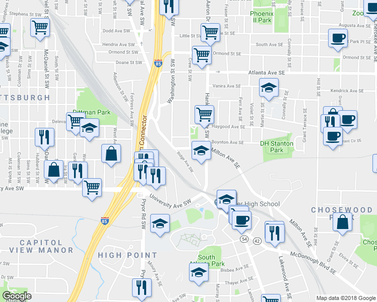 map of restaurants, bars, coffee shops, grocery stores, and more near 1100 Ridge Avenue Southwest in Atlanta