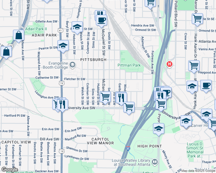 map of restaurants, bars, coffee shops, grocery stores, and more near 1116 Smith Street Southwest in Atlanta