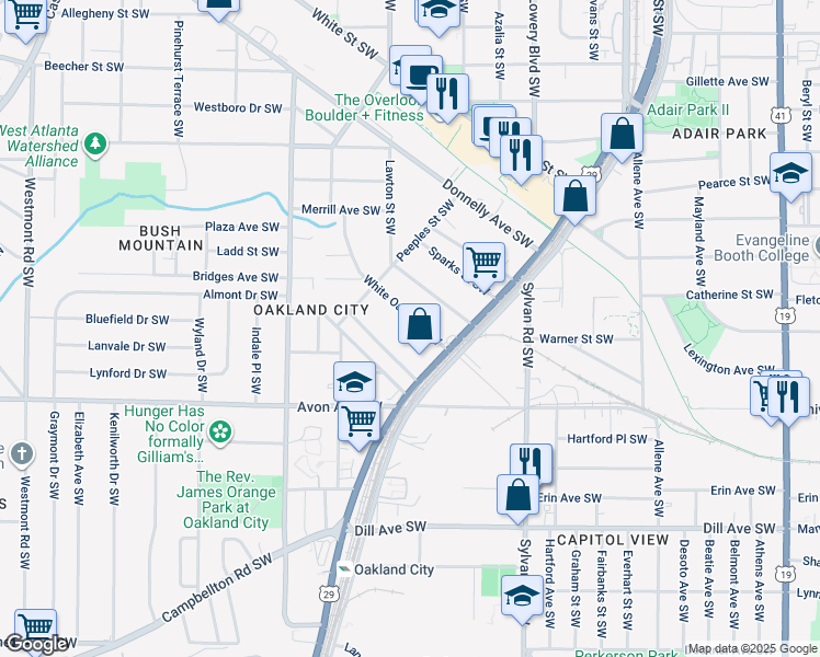 map of restaurants, bars, coffee shops, grocery stores, and more near 1091 Tucker Avenue Southwest in Atlanta