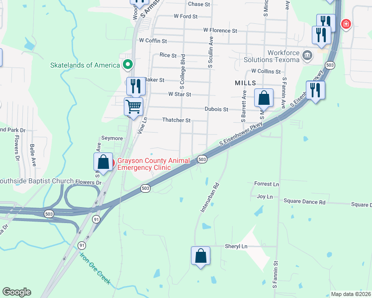 map of restaurants, bars, coffee shops, grocery stores, and more near 3200 Willow Grove Road in Denison