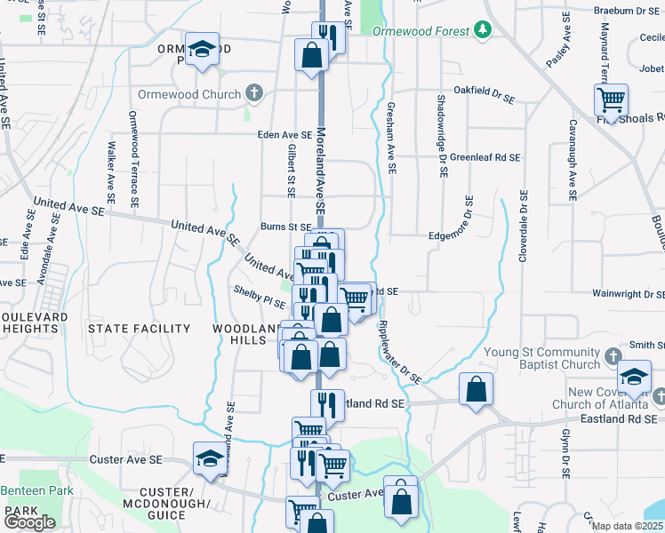 map of restaurants, bars, coffee shops, grocery stores, and more near 1058 Moreland Avenue Southeast in Atlanta