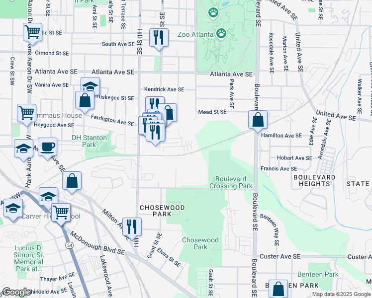 map of restaurants, bars, coffee shops, grocery stores, and more near 399 Pratt Drive Southeast in Atlanta