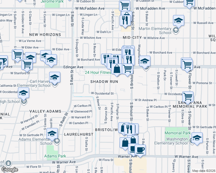 map of restaurants, bars, coffee shops, grocery stores, and more near 1626 South Pacific Avenue in Santa Ana