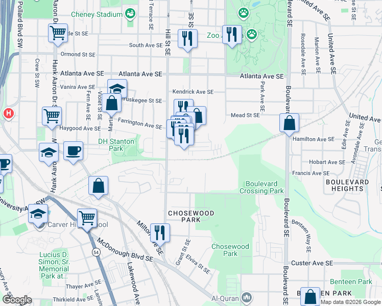 map of restaurants, bars, coffee shops, grocery stores, and more near 375 Pratt Drive in Atlanta