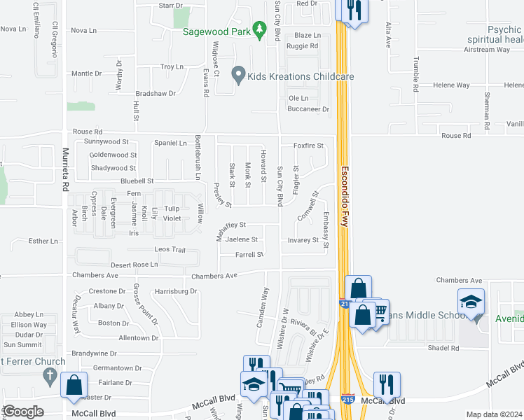 map of restaurants, bars, coffee shops, grocery stores, and more near 27365 Presley Street in Menifee
