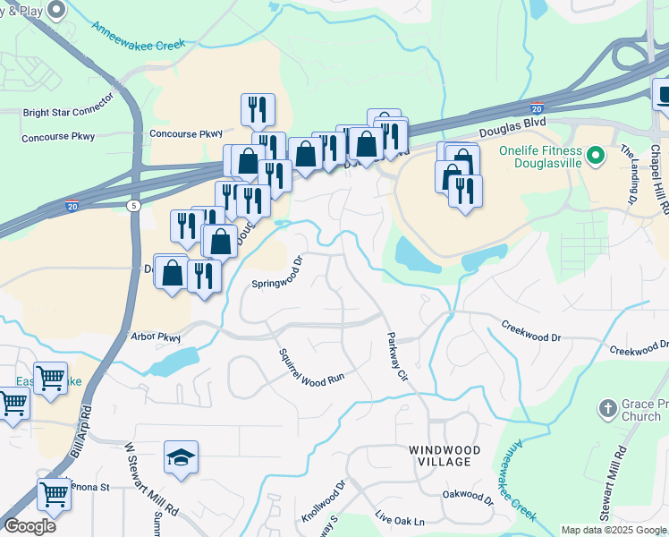 map of restaurants, bars, coffee shops, grocery stores, and more near 9478 Parkwood Drive in Douglasville