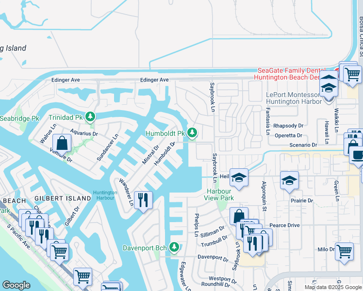 map of restaurants, bars, coffee shops, grocery stores, and more near 4072 Humboldt Drive in Huntington Beach