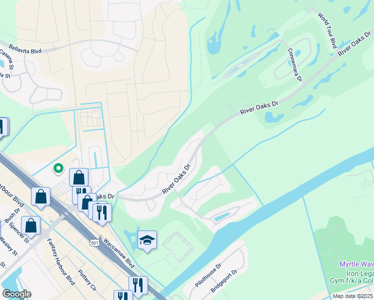 map of restaurants, bars, coffee shops, grocery stores, and more near 573 Blue River Court in Myrtle Beach