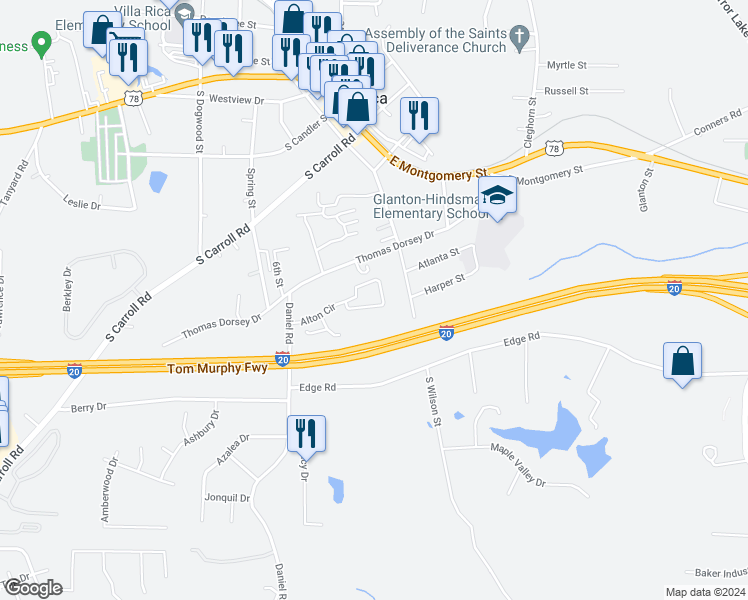 map of restaurants, bars, coffee shops, grocery stores, and more near 221 Alton Circle in Villa Rica