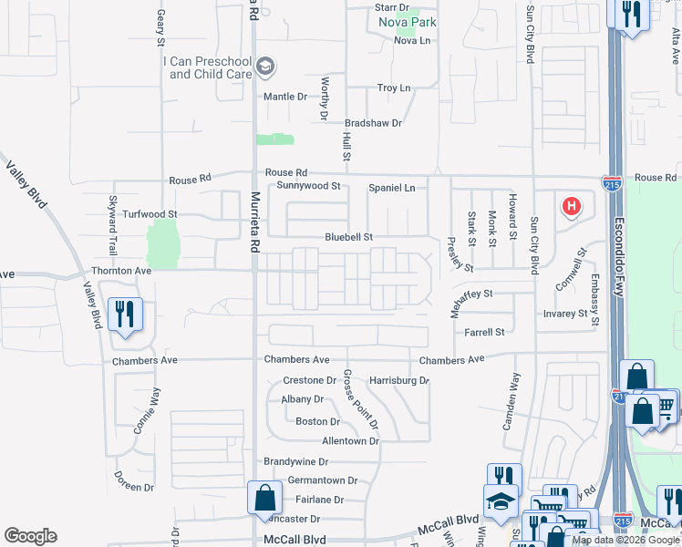 map of restaurants, bars, coffee shops, grocery stores, and more near 27250 Murrieta Road in Menifee