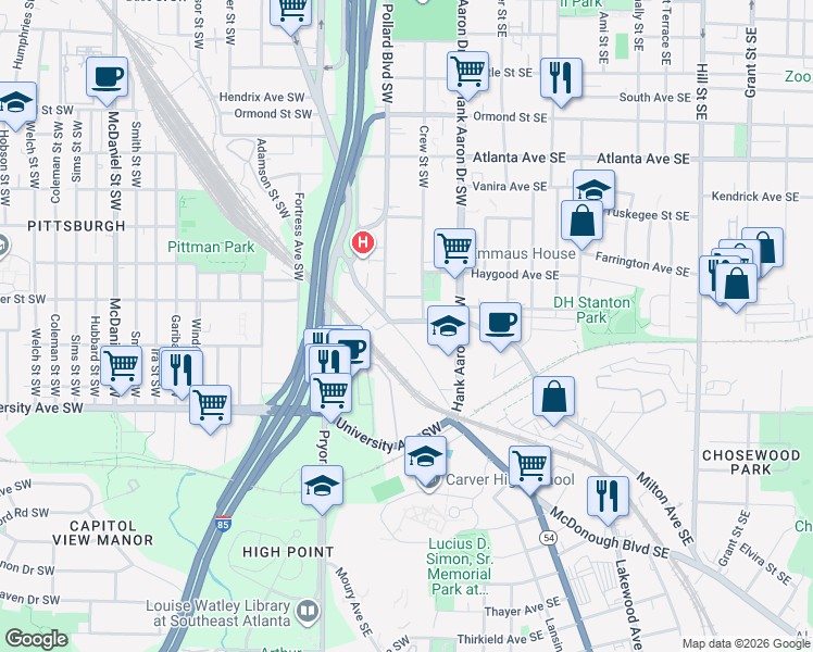 map of restaurants, bars, coffee shops, grocery stores, and more near 1100 Ridge Avenue Southwest in Atlanta