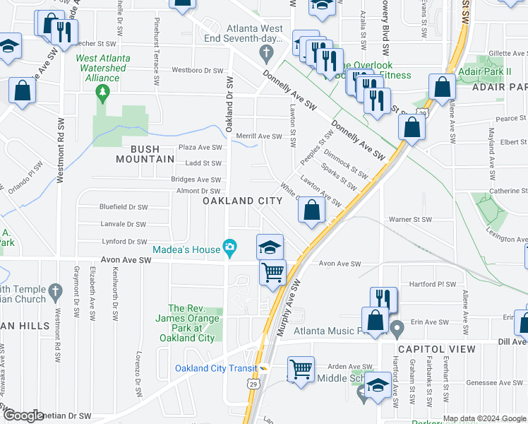 map of restaurants, bars, coffee shops, grocery stores, and more near 1137 Arlington Avenue Southwest in Atlanta