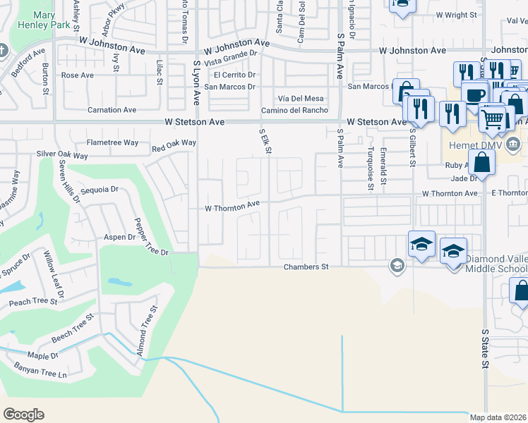 map of restaurants, bars, coffee shops, grocery stores, and more near 1330 Carolina Court in Hemet