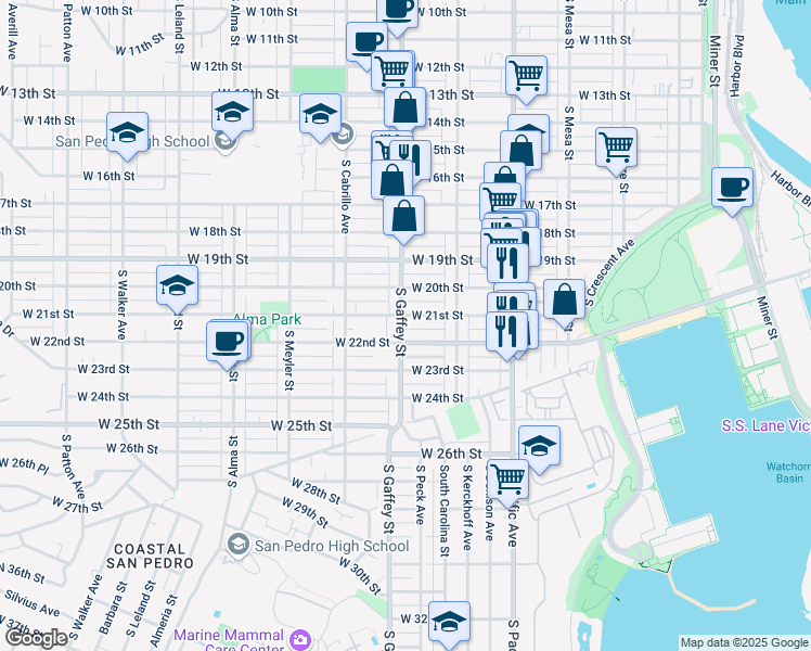 map of restaurants, bars, coffee shops, grocery stores, and more near 2102 South Gaffey Street in Los Angeles