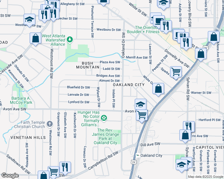 map of restaurants, bars, coffee shops, grocery stores, and more near 1107 Indale Place Southwest in Atlanta