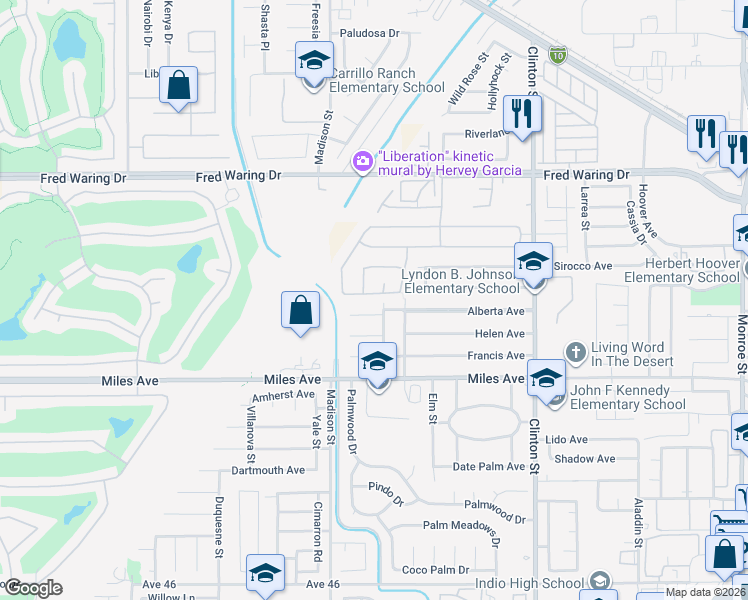 map of restaurants, bars, coffee shops, grocery stores, and more near 81095 Avenida Davina in Indio