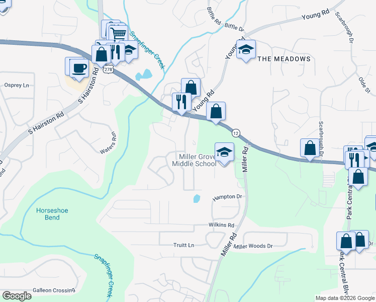 map of restaurants, bars, coffee shops, grocery stores, and more near 4992 Hidden Creek Court in Decatur