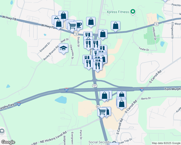 map of restaurants, bars, coffee shops, grocery stores, and more near in Villa Rica