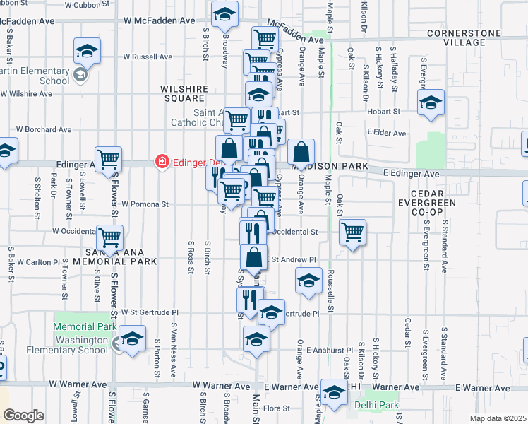 map of restaurants, bars, coffee shops, grocery stores, and more near 1717 South Main Street in Santa Ana