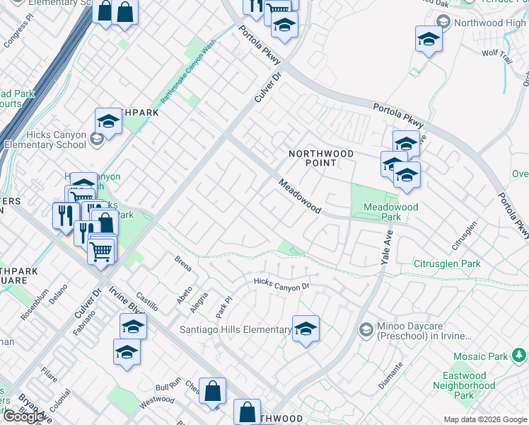map of restaurants, bars, coffee shops, grocery stores, and more near 48 Parkcrest in Irvine