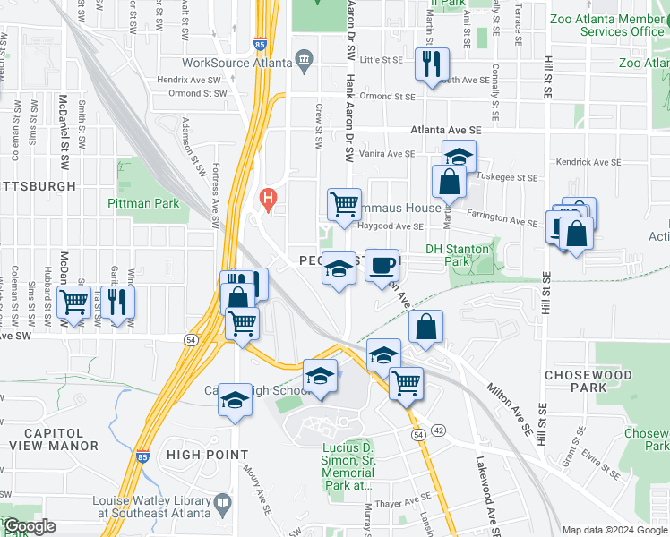 map of restaurants, bars, coffee shops, grocery stores, and more near 22 Weyman Avenue Southwest in Atlanta