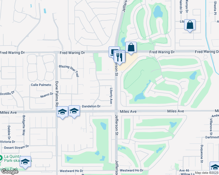 map of restaurants, bars, coffee shops, grocery stores, and more near 44648 Liberty Avenue in La Quinta