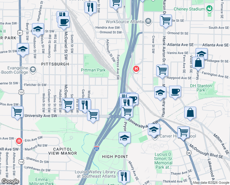 map of restaurants, bars, coffee shops, grocery stores, and more near 1111 Fortress Avenue Southwest in Atlanta