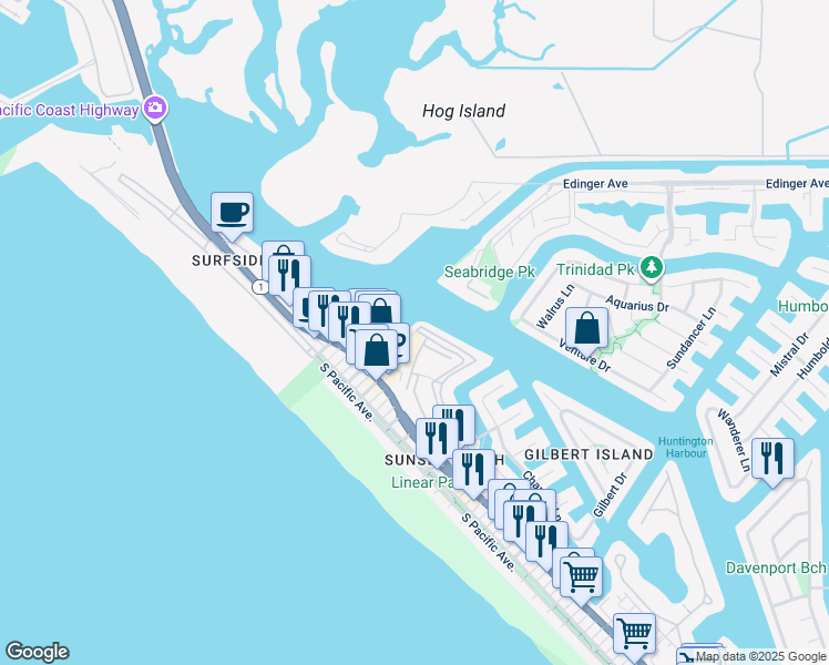 map of restaurants, bars, coffee shops, grocery stores, and more near 16341 Grenoble Lane in Huntington Beach