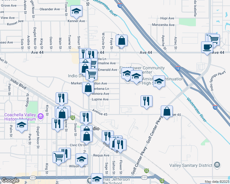 map of restaurants, bars, coffee shops, grocery stores, and more near 83202 Sonora Avenue in Indio