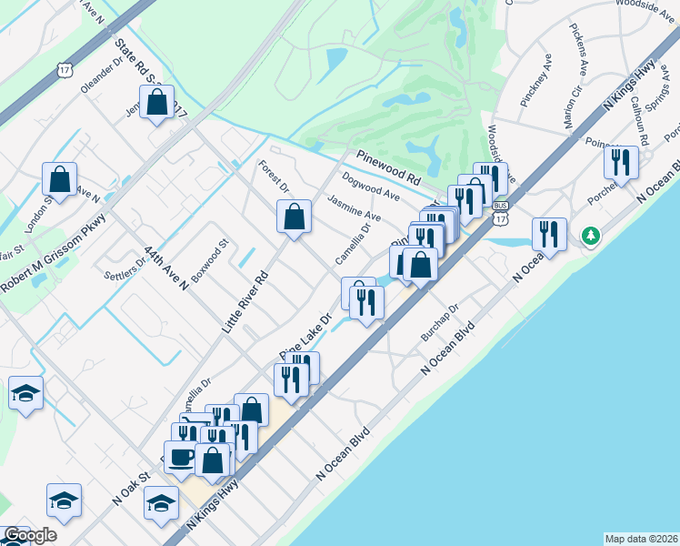map of restaurants, bars, coffee shops, grocery stores, and more near 4704 Camellia Drive in Myrtle Beach