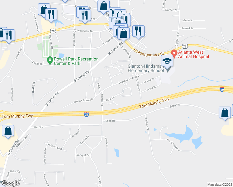 map of restaurants, bars, coffee shops, grocery stores, and more near 128 Alton Circle in Villa Rica