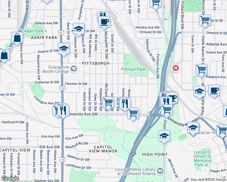 map of restaurants, bars, coffee shops, grocery stores, and more near 1116 Smith Street Southwest in Atlanta