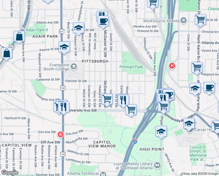 map of restaurants, bars, coffee shops, grocery stores, and more near 1116 Smith Street Southwest in Atlanta